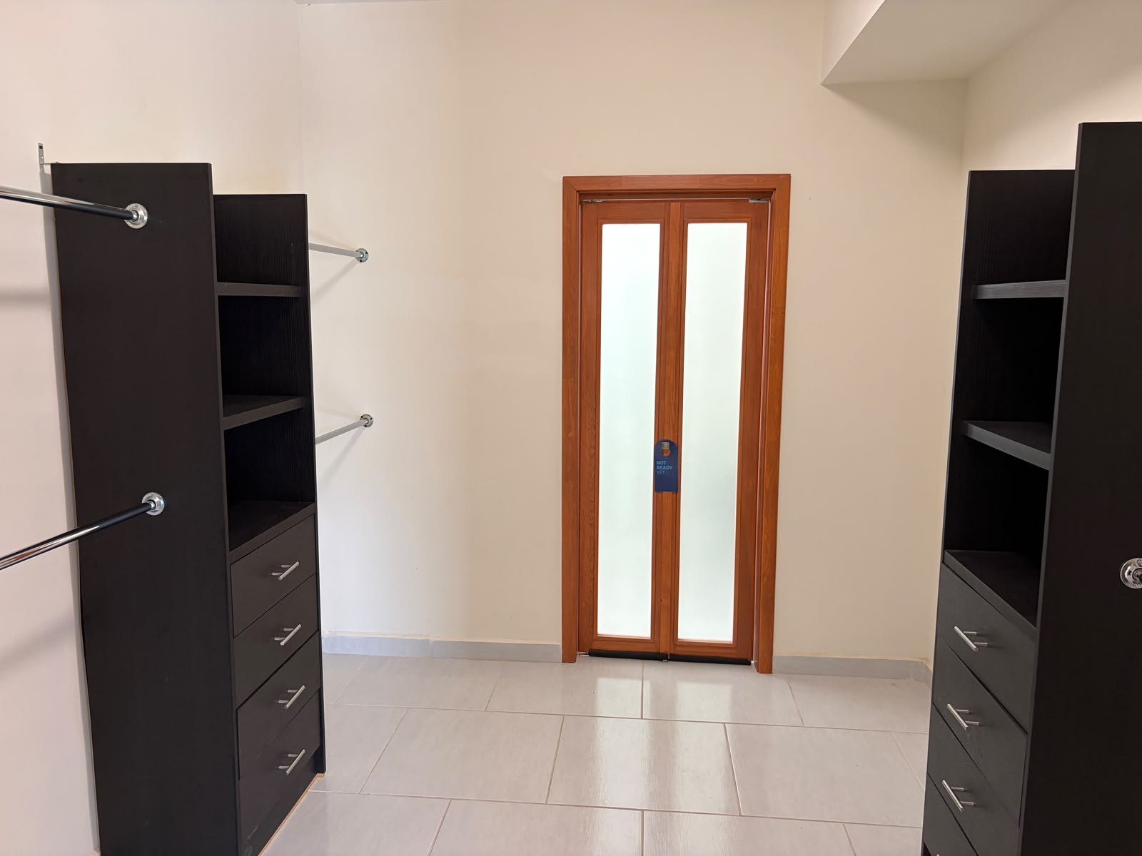 Walk-in clóset con muebles oscuros