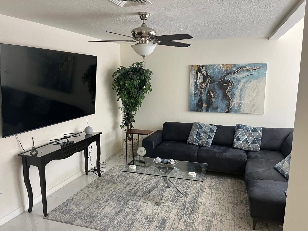 Sala real amueblada con sofá, mesa de centro y pantalla